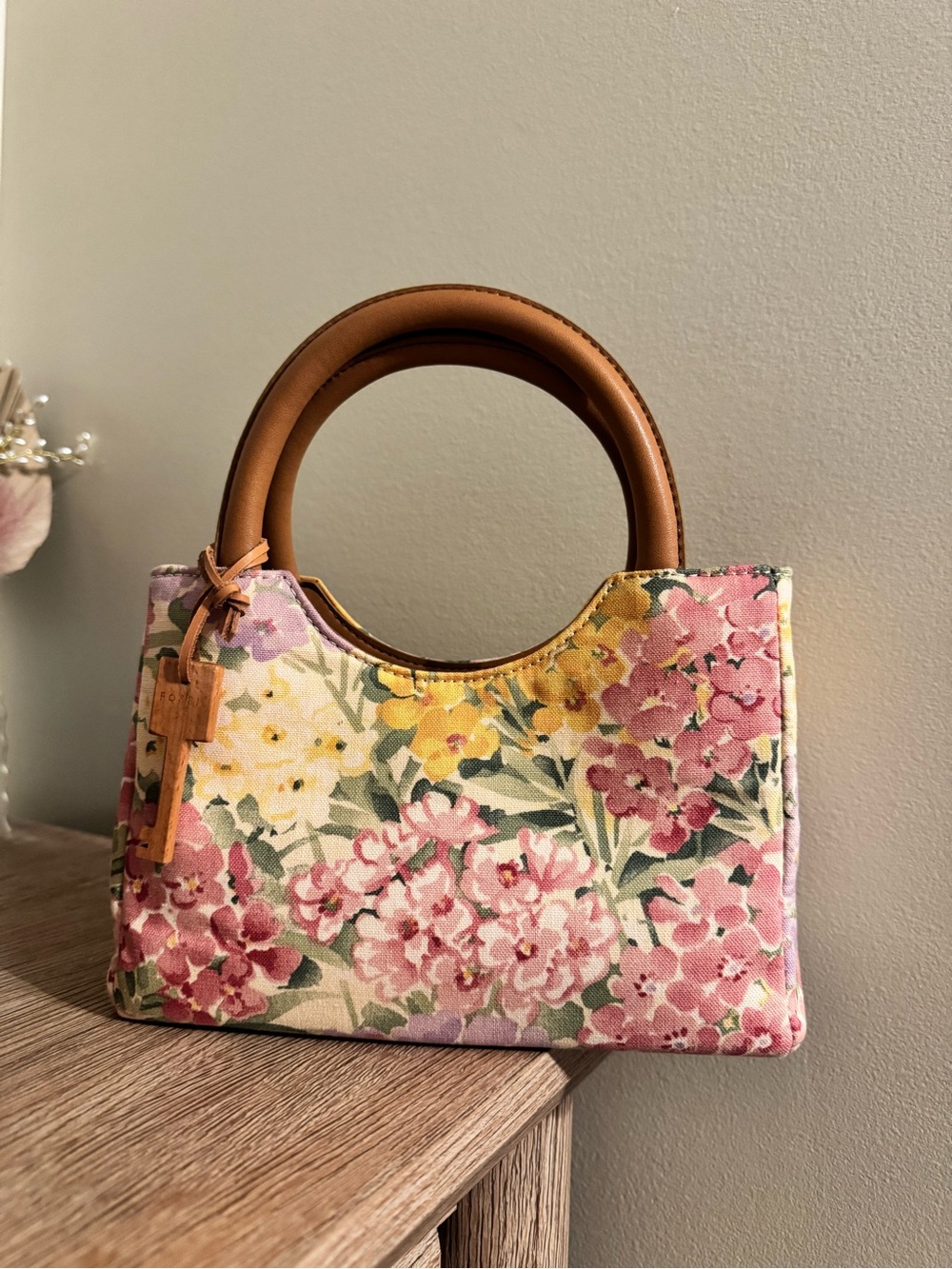 Fossil Floral Canvas Mini Tote in Pink, Yellow & Green with Tan Handles